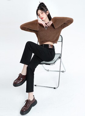 KRO黑色直筒宽松高腰牛仔裤女2024新款小个子修身显瘦九分烟管裤