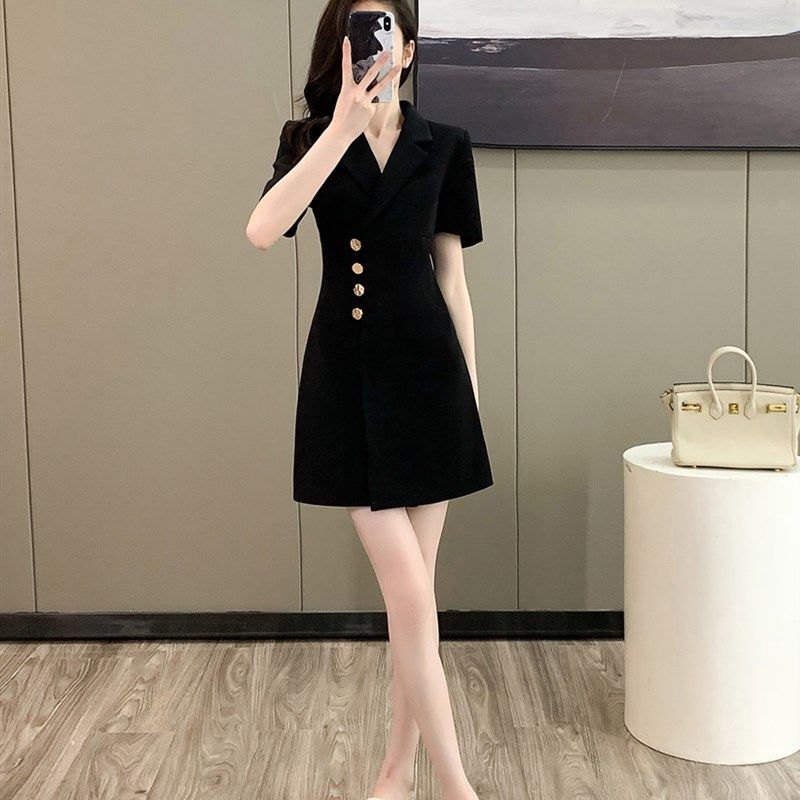 高级感短袖西装短款连衣裙女夏季正式场合小黑裙职业修身显瘦裙子