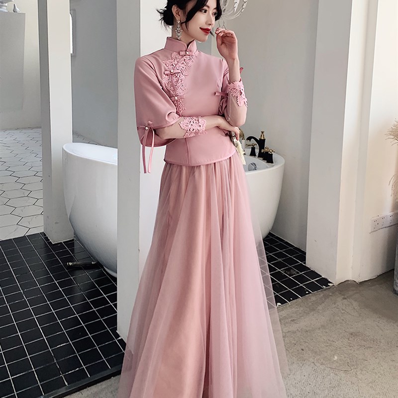 伴娘服秋冬新款2020长款中国风姐妹闺蜜团显瘦中式伴新娘礼服女装