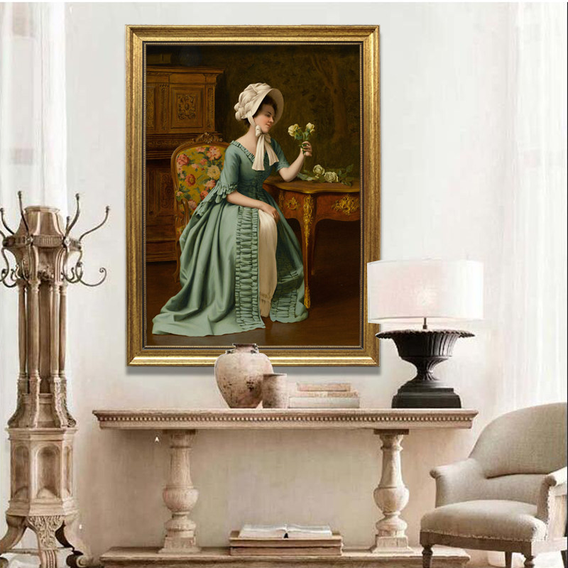 欧式人物油画竖版美女人物有框画玄关装卧室饰画尺寸可定做