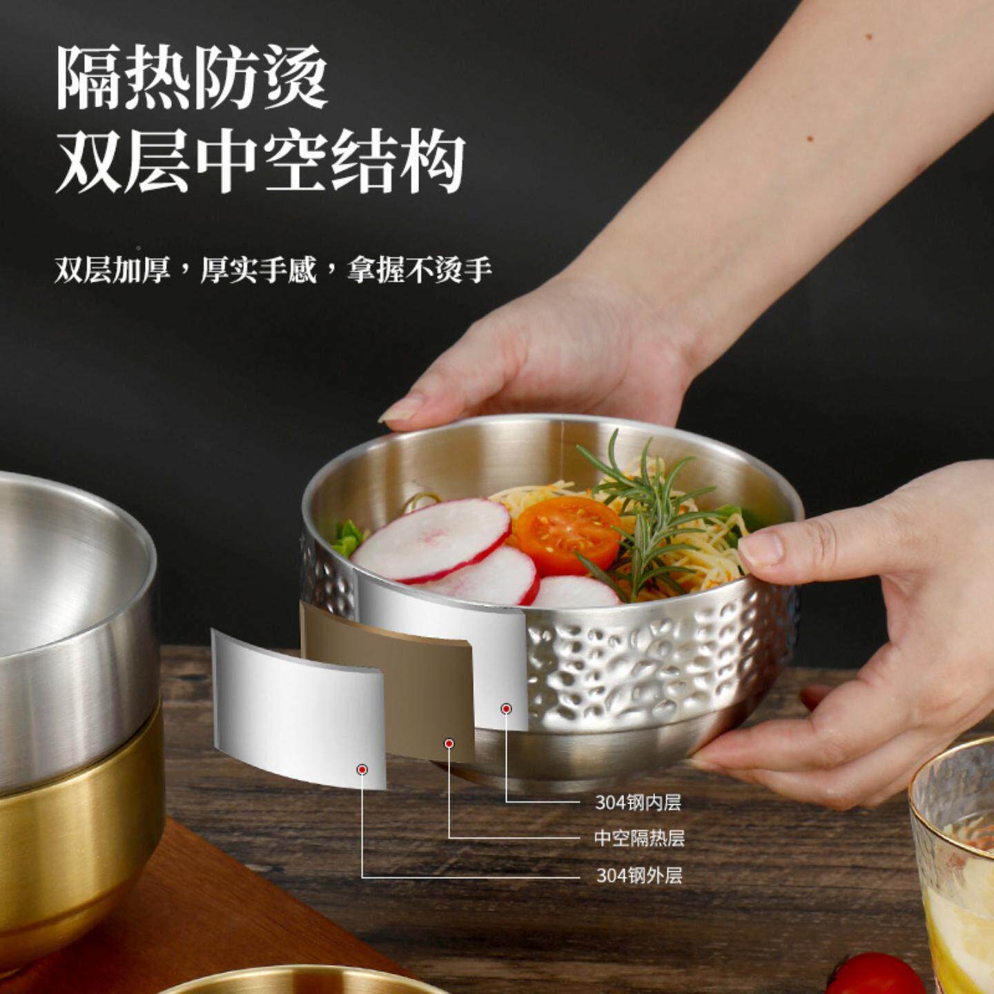 不304锈钢餐厅家用儿童汤碗泡面碗双层隔热创式意锤纹碗HC-44餐具