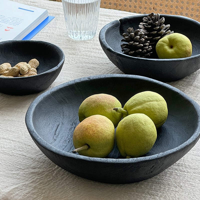 复古侘寂果盘家用客厅茶几柚木黑色圆形托盘实木小木盘木质糕点盘