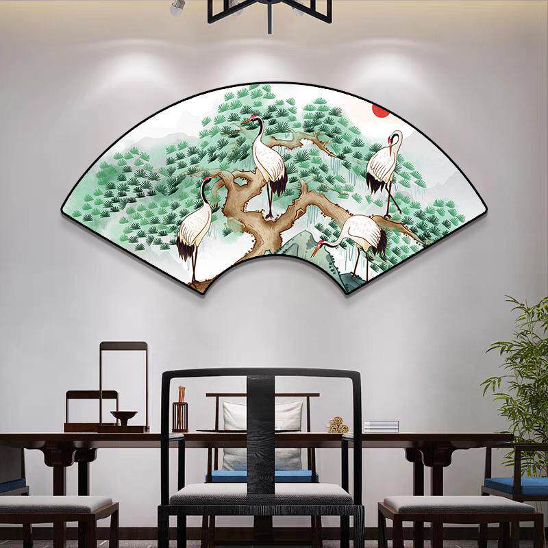 茶室扇形背景墙画客厅装饰画床头壁画新挂画餐厅扇面墙面中式卧室