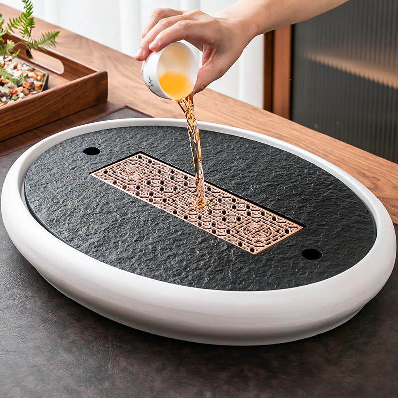 圆形陶瓷乌石茶盘小功夫茶金具家用储型水椭圆白套排水茶台套椭装