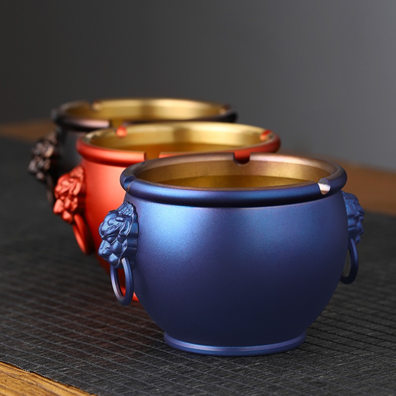 黄铜狮首烟灰缸带盖中式复古创意办公室防飞灰烟缸家用欧式烟灰缸