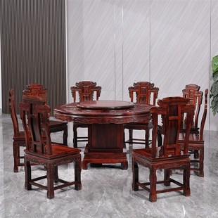 红木家具阔叶黄檀餐桌 印尼黑酸枝雕花圆餐桌 红木阔叶黄檀圆餐桌