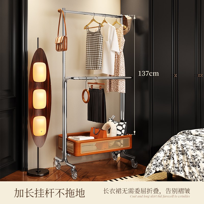 中古风藤编双层衣帽架 可移动竹藤工艺落地衣架 晾衣架