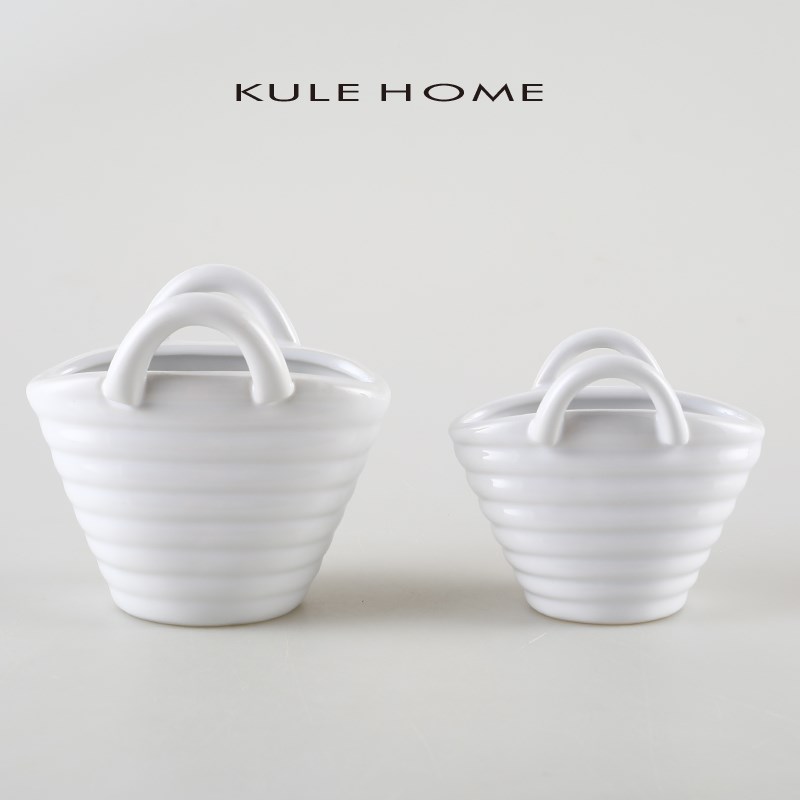 KULE HOM 田园风复古螺纹陶瓷花篮置物摆件插花民宿花瓶隔板装饰