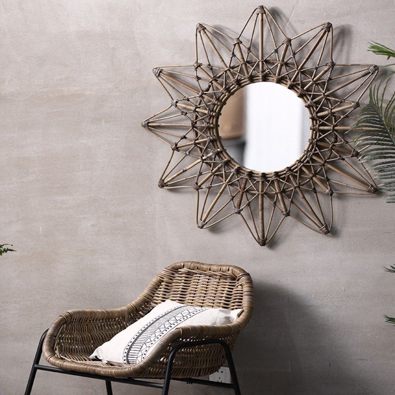 慢家居侘寂风藤编镜子挂墙卫生间浴室镜复古装饰镜东南亚民宿圆镜