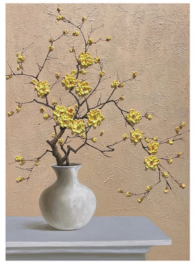复古风黄色花卉手绘油画白色肌理花瓶厚装饰画挂画客厅办公室玄关