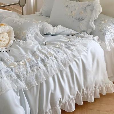 蕾丝花卉刺绣140支长绒棉四件套纯棉贡缎床单被套粉蓝色全棉床品