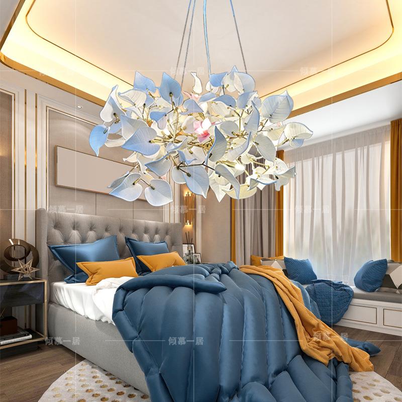 全铜陶瓷吊灯客厅餐厅灯轻奢别墅复式新中式玉瓷叶灯树枝装饰吊灯