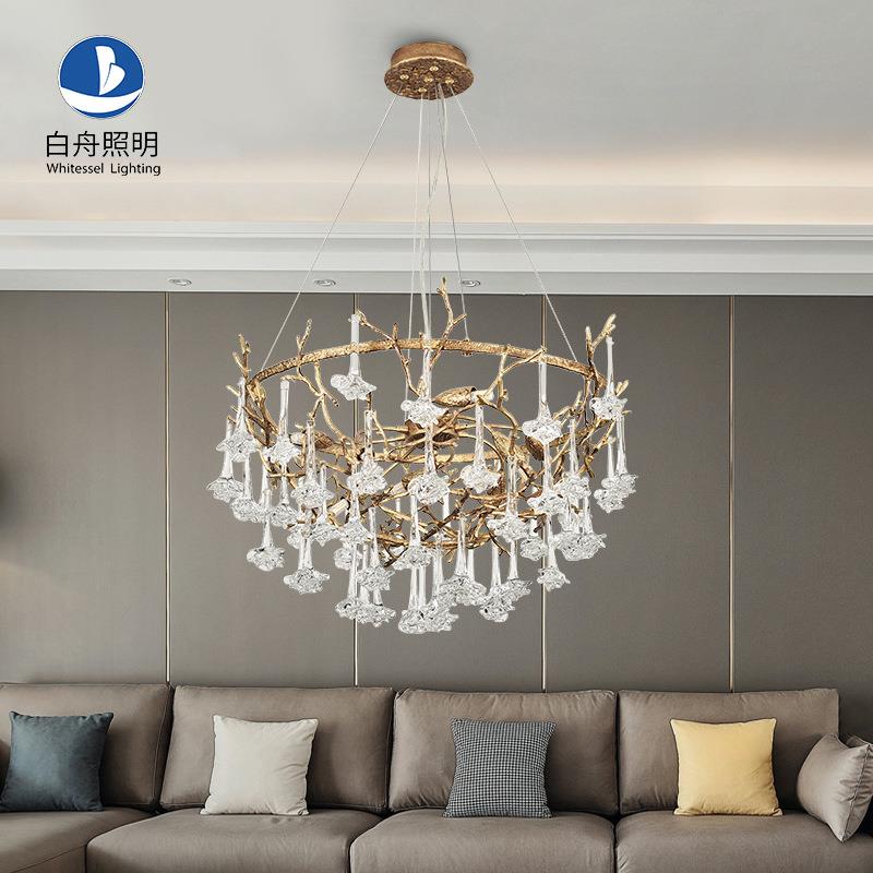 新中式餐厅灯具轻奢大气别墅餐桌艺术玫瑰花全铜树枝水晶吊灯