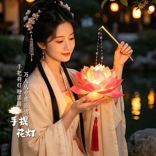 中秋节莲花灯笼成品2026新款儿童手提古风花灯荷花挂件宫灯装饰品