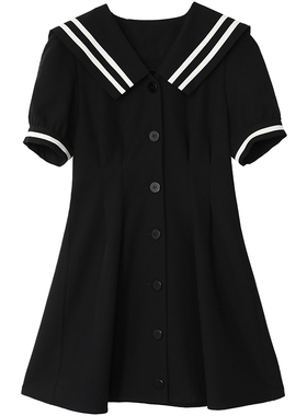 CV大码女装 复古学院风v领撞色海军领连衣裙a字收腰裙子夏女新款