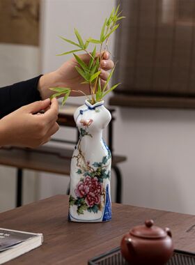 景德镇手工拉胚手绘陶瓷花器牡丹花兰花旗袍花瓶电视柜新中式摆件