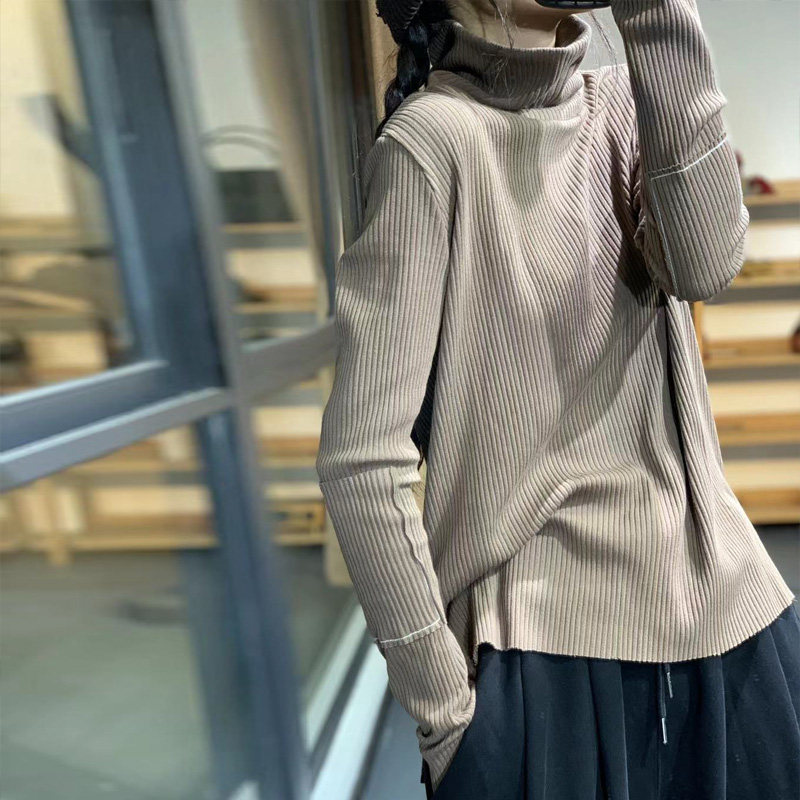 素凡卡秋冬简约高领套头修身显瘦百搭贴袋竖条针织衫毛衣打底衫女