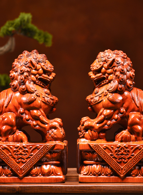 花梨木雕狮子摆件一对黑檀实木雕刻办公室客厅装饰工艺品开业礼品