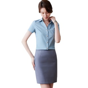 衬衫女夏款外穿蓝色短袖雪纺显瘦薄款工作服职业装气质夏正装衬衣
