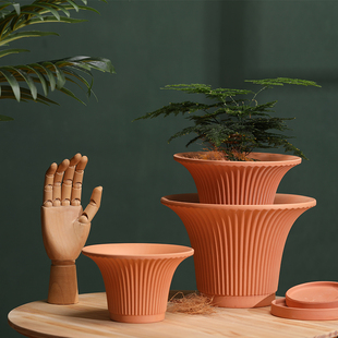 喇叭口条纹红陶土垂吊盆花盆铁链悬挂式吊篮绿萝阳台吊兰透气瓷器