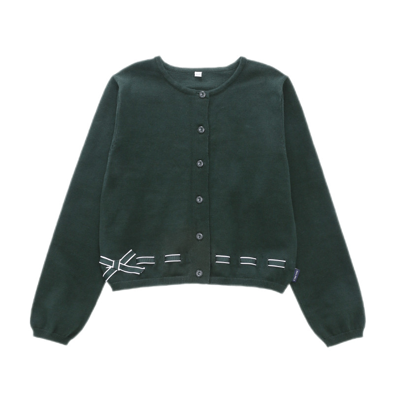 女童英伦风针织衫外套毛衣 藏青枣红色蝴蝶结开衫纯棉校服 09M225