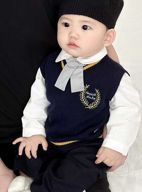 婴儿衣服春秋装宝宝学院风针织马甲套装周岁礼服外套儿童衬衫长裤