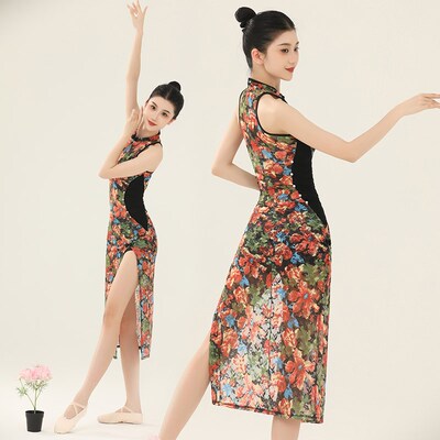 古典舞旗袍服多情种花色弹力复古蕾丝挂脖舞蹈裙削肩开叉演出服女