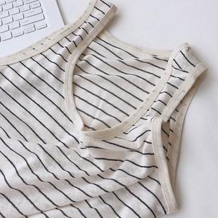 JU透气/温柔米色条纹背心女夏季外穿薄款吊带宽松休闲无袖t恤上衣