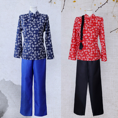 新款夏村姑江姐狱友碎花采茶女衣服民族舞蹈秧歌服民国表演出服装