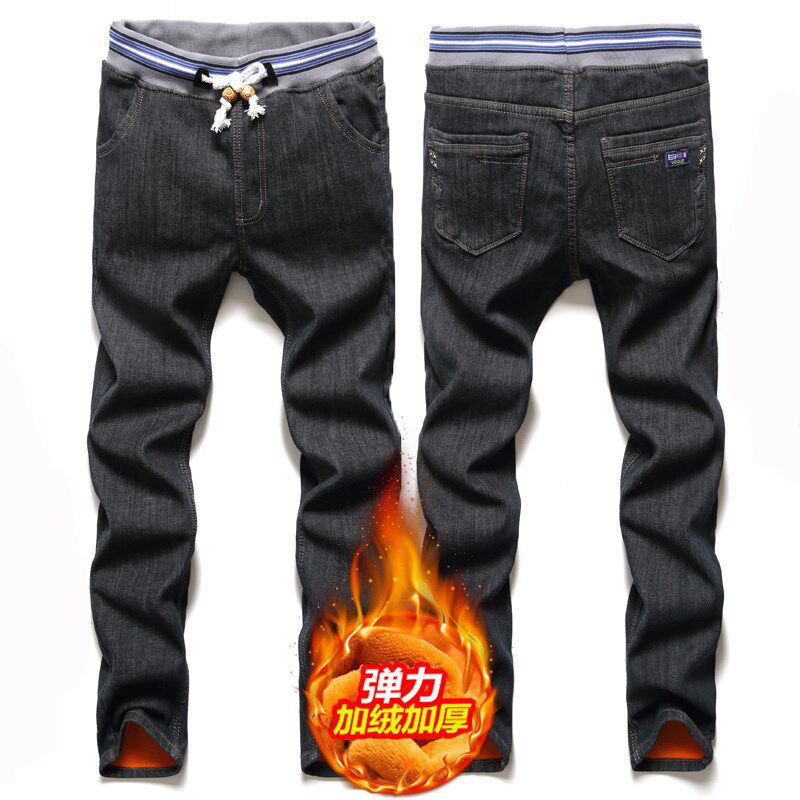 冬季保暖加绒加厚牛仔裤松紧腰男高腰弹力宽松小直脚显瘦修身学生