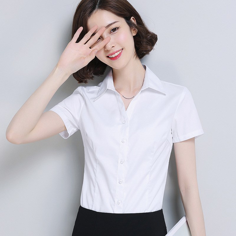 2024夏季新款女式短袖白衬衫女工作服职业修身纽扣V领衬衣OL女装