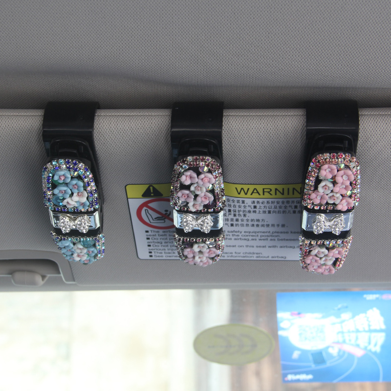 镶钻车载眼镜夹多功能车用墨镜支架眼镜盒汽车遮阳板卡片收纳夹子