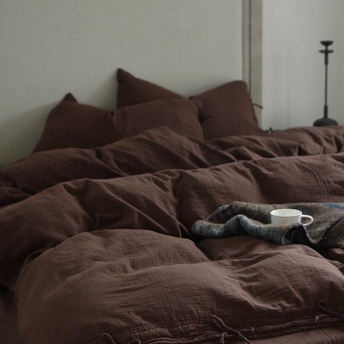 全棉美拉德皱皱纱四件套 简约纯色诧寂民宿风纯棉双层纱被套