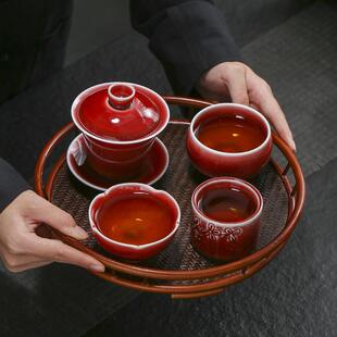 大号郎红釉异形盖碗茶杯家用红色陶瓷主人杯窑变禅定茶杯品茗杯