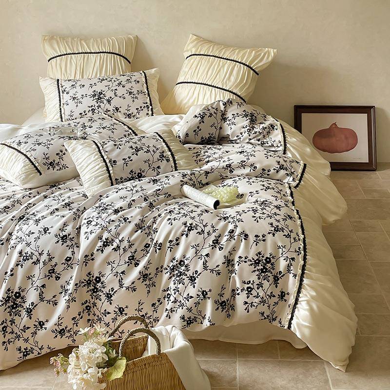 法式50支双股长绒棉四件套立体褶皱花边纯棉被套床单印花床上用品
