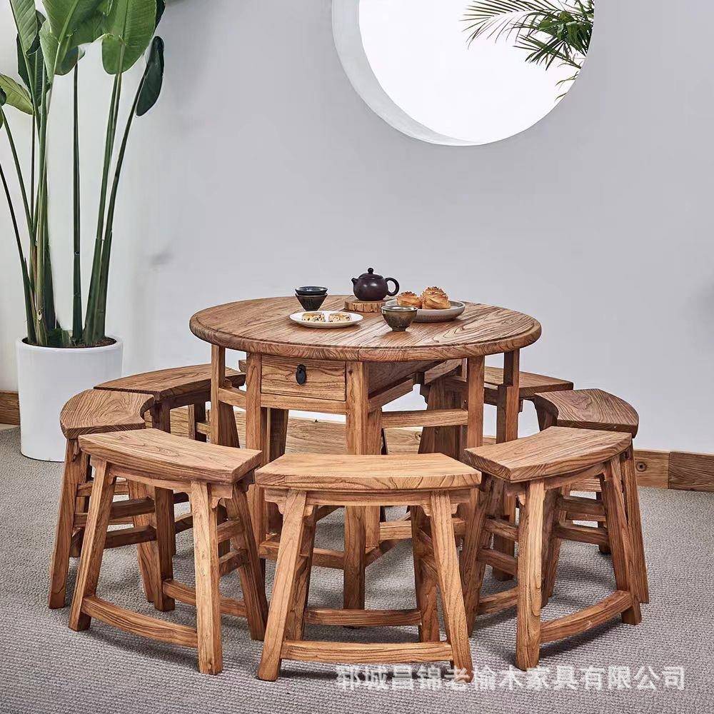 农家乐实木餐桌马鞍凳组合家具老榆木圆桌大型吃饭茶桌待客贵宾桌