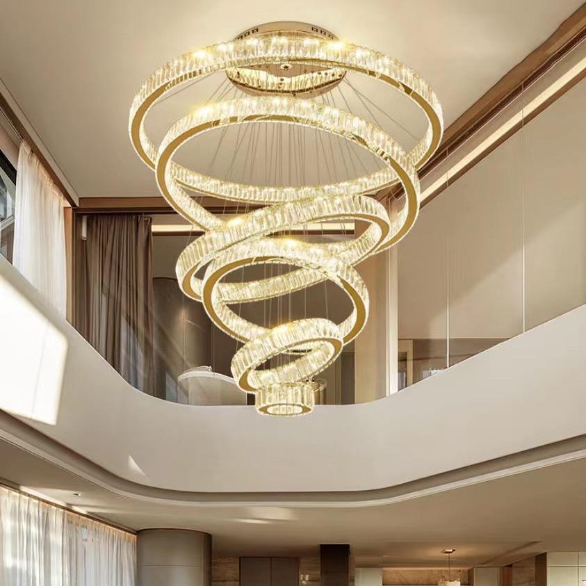 轻奢复式楼圆环大吊灯大厅水晶灯简约楼中楼梯别墅挑高客厅长吊灯