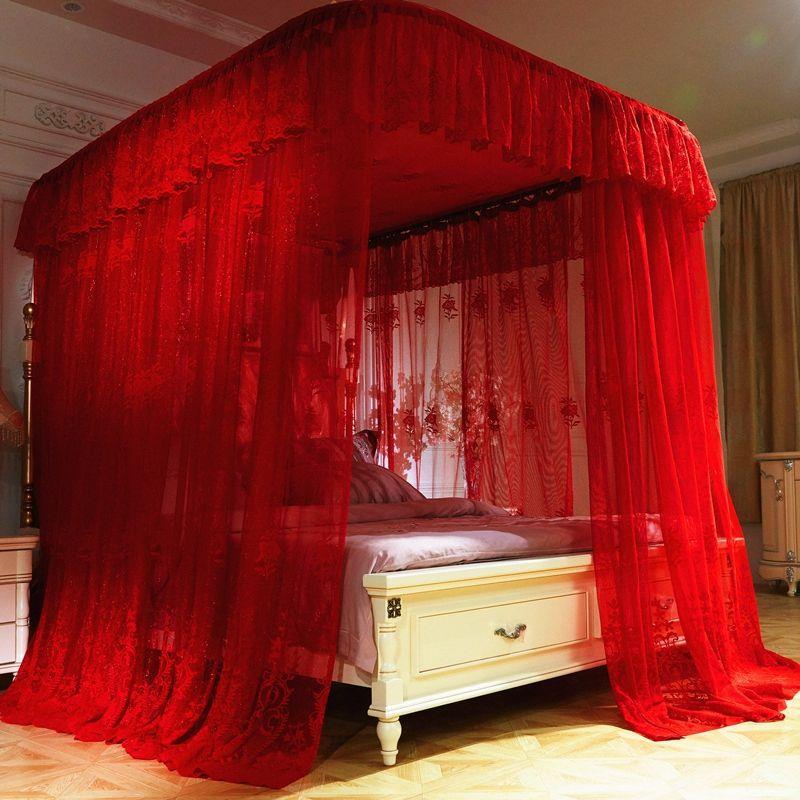 精品高档宫廷蚊帐公主风大红色结婚喜庆夏季U型导轨道式防蚊睡帐