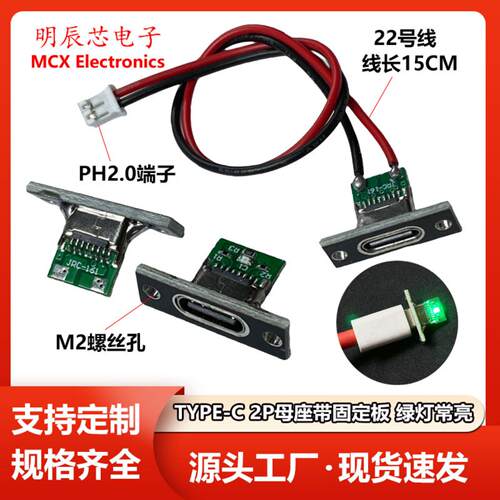 TYPE-C 2P带灯母座固定板带线c口电器充电焊线母连接器