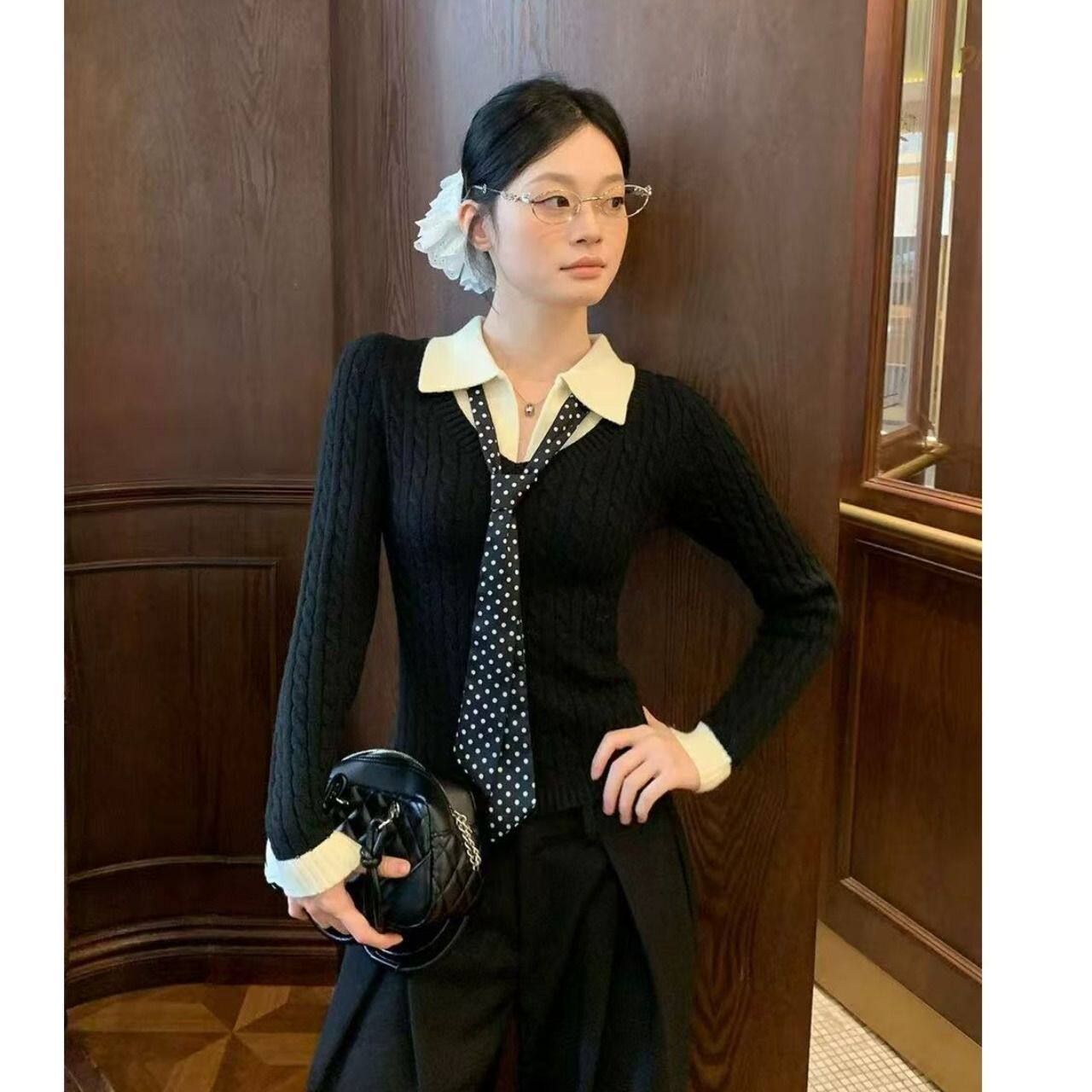已出货Polo领带丝巾针织衫女冬季衣内搭修身短款长袖小上衣