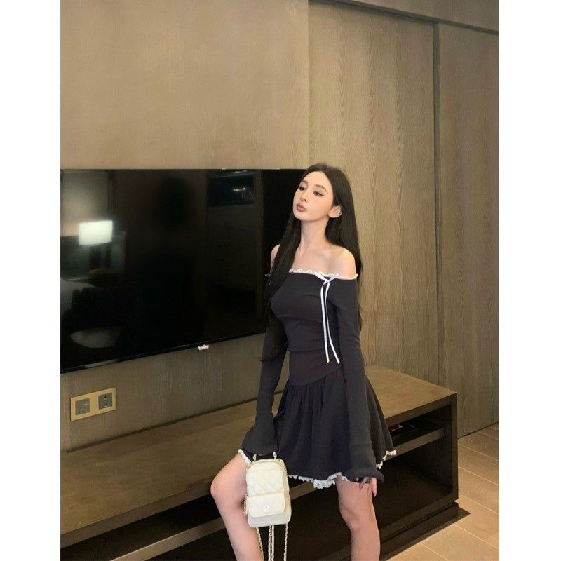 已出货芭蕾风辣妹一字肩连衣裙女秋季蝴蝶结收腰a字裙子气质高级