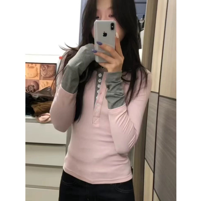 已出货 亨利领V领拼色假两件长袖t恤女春季辣妹修身显瘦内搭打底