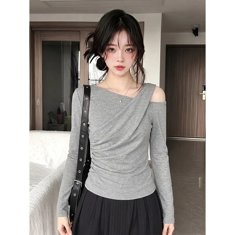 已出货人棉随心裁260克灰色露肩长袖t恤女秋季不规则独特别致