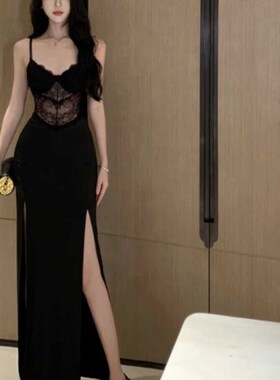 法式性感黑色蕾丝吊带连衣裙女气质御姐风轻熟晚礼服开叉包臀长裙
