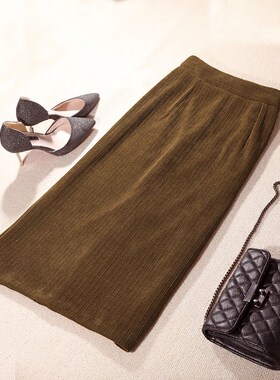 灯芯绒半身裙中长款女2023新款秋冬高腰显瘦包臀裙打底开叉a字裙