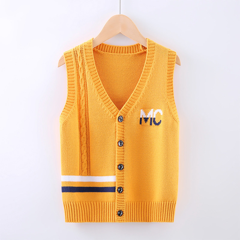 男童新款全棉开衫背心2023秋中大童针织毛衣男孩加绒加厚V领马甲
