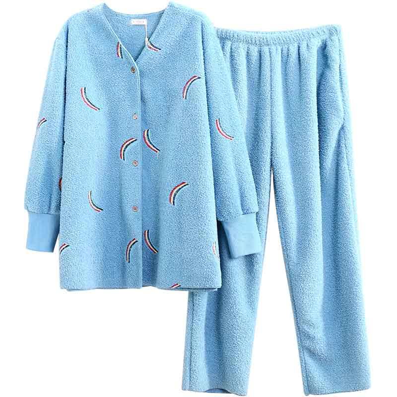 加绒加厚大码睡衣女200斤冬珊瑚绒家居服开衫宽松法兰绒胖mm套装