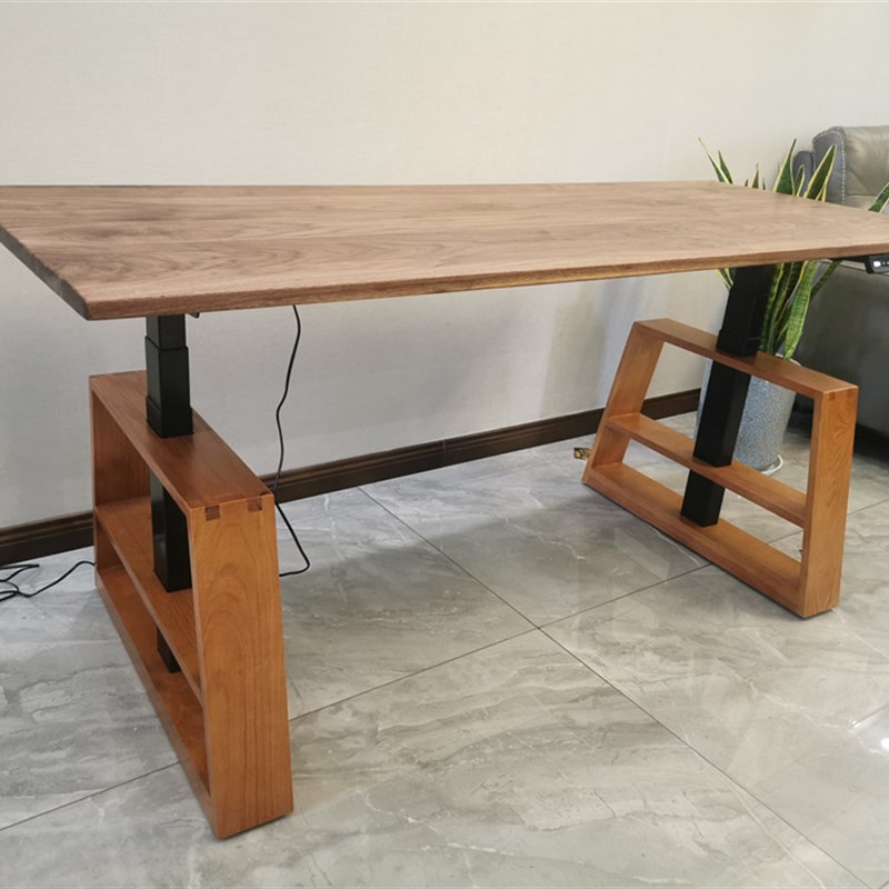 实木黑胡桃桌面智能升降桌办公学习人体电脑桌实木红橡木护腿A388