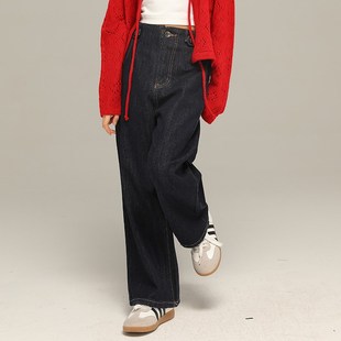 小女森女童春秋宽松牛仔裤儿童深蓝色长裤中大童洋气直筒春季裤子