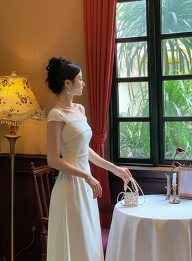 高级气质晚礼服白色长裙法式生日小礼服宴会连衣裙女裙子